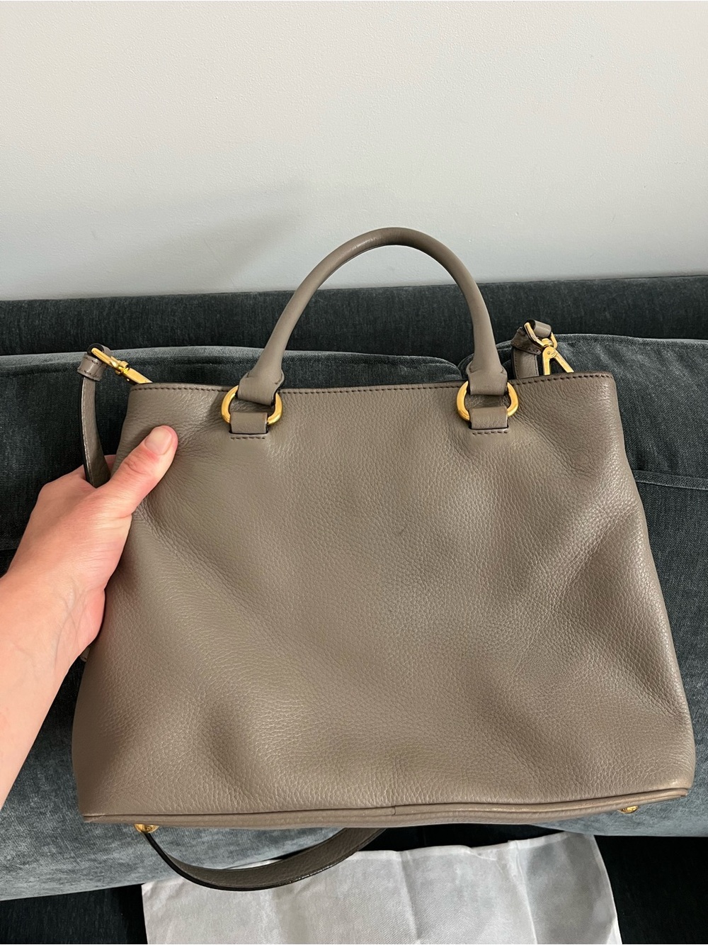 100% AUTH Prada Taupe Pebbled Leather Satchel with Gold Hardware - Picture 13 of 14